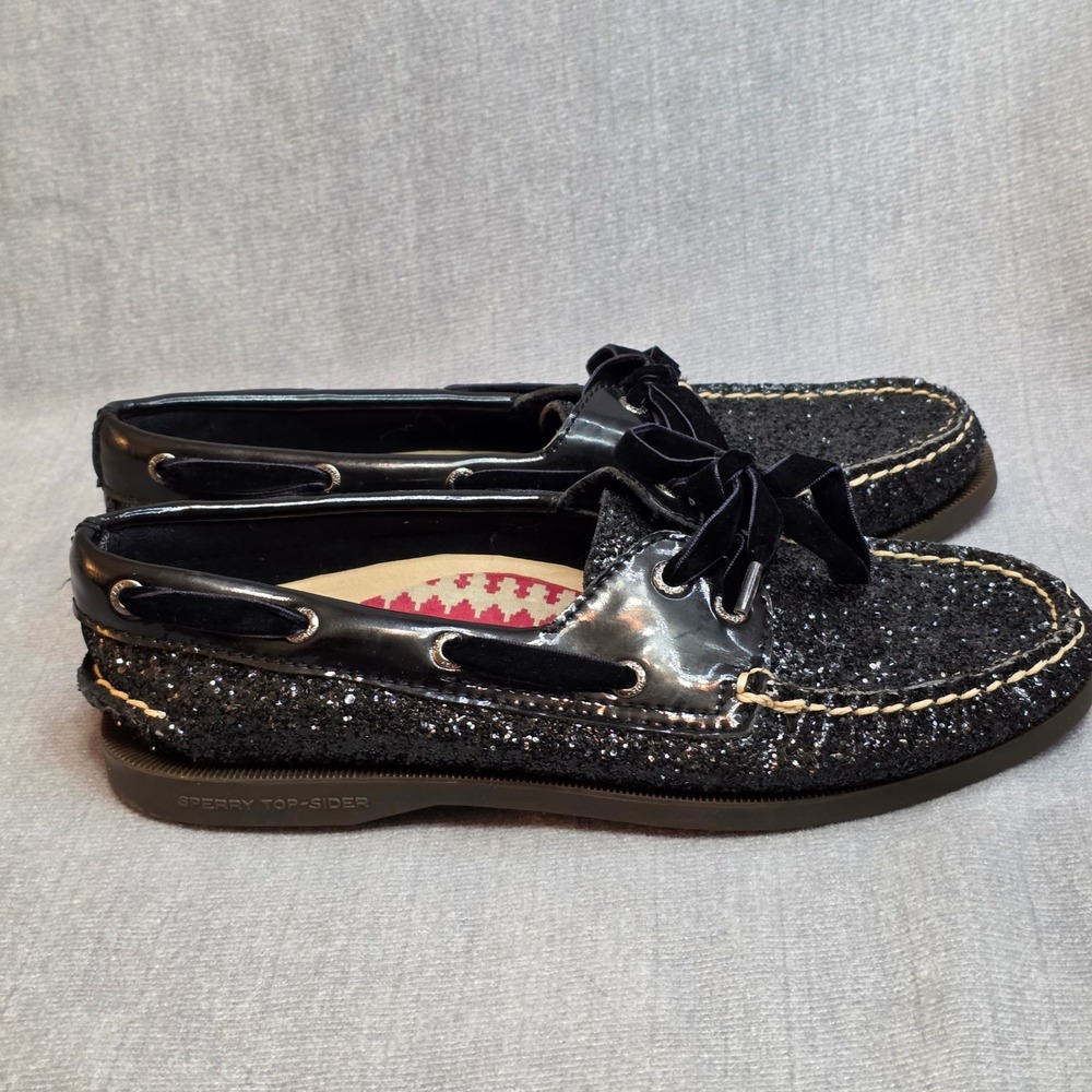 Sperry Top-Sider Boat Shoes Womens 7 Black Glitter Patent Velvet Holiday Loafers